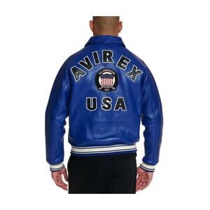 RARE 90s Vintage Blue Avirex USA Varsity Icon NY Leather Jacket 6XL